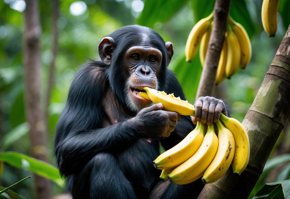 A chimpanzee sitting in the jungle eating a banana with several bananas nearby.