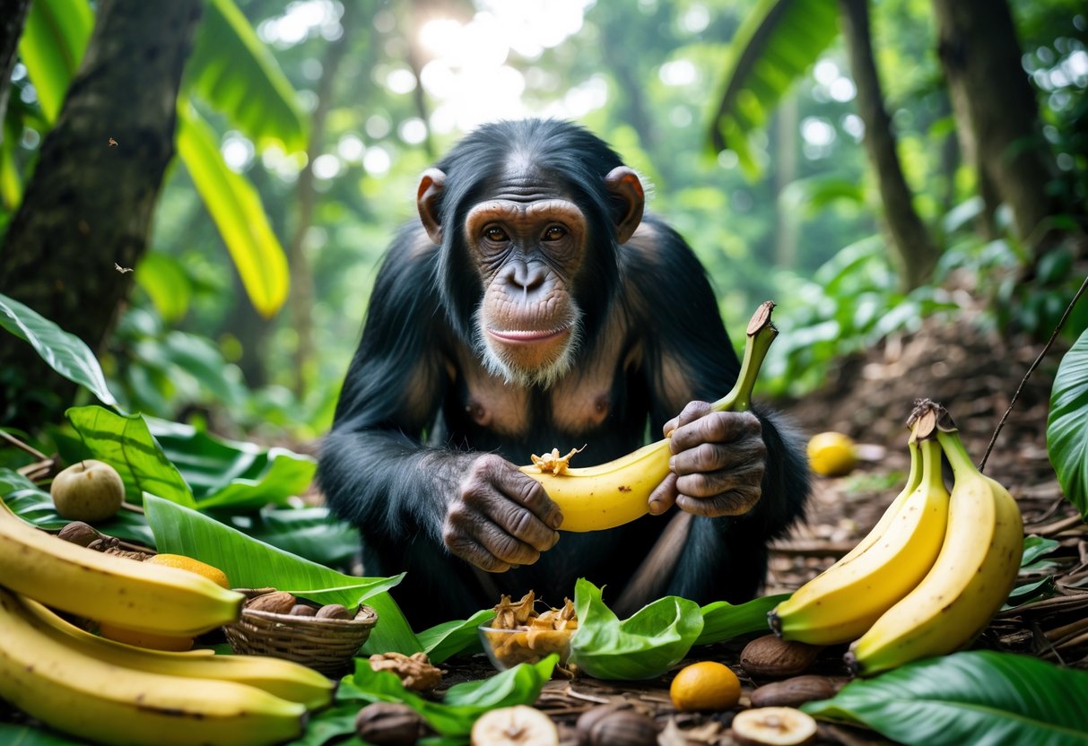 A chimpanzee in a forest holding a banana and surrounded by various fruits and plants.