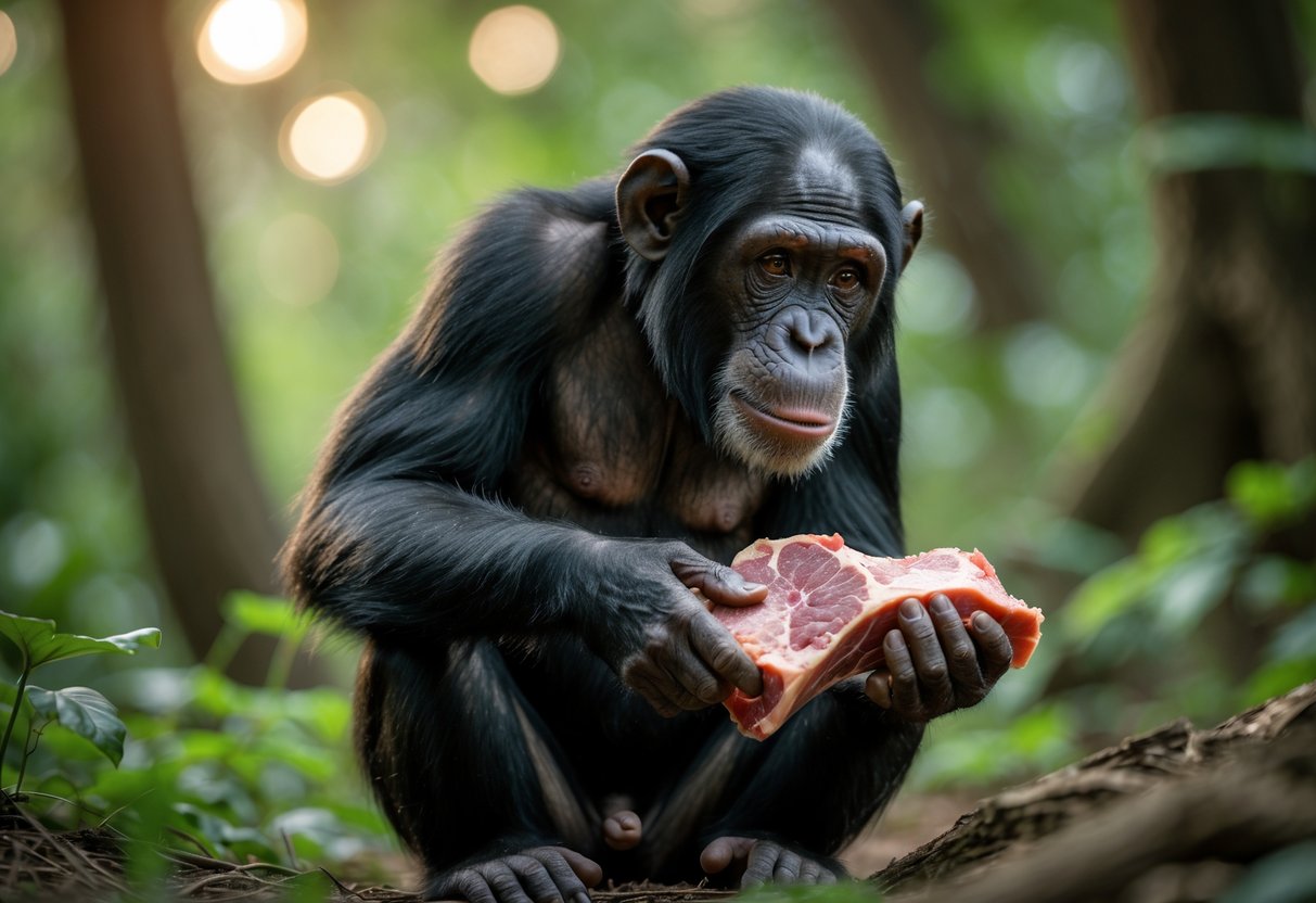 A chimpanzee sitting in a forest holding and looking at a piece of raw meat.