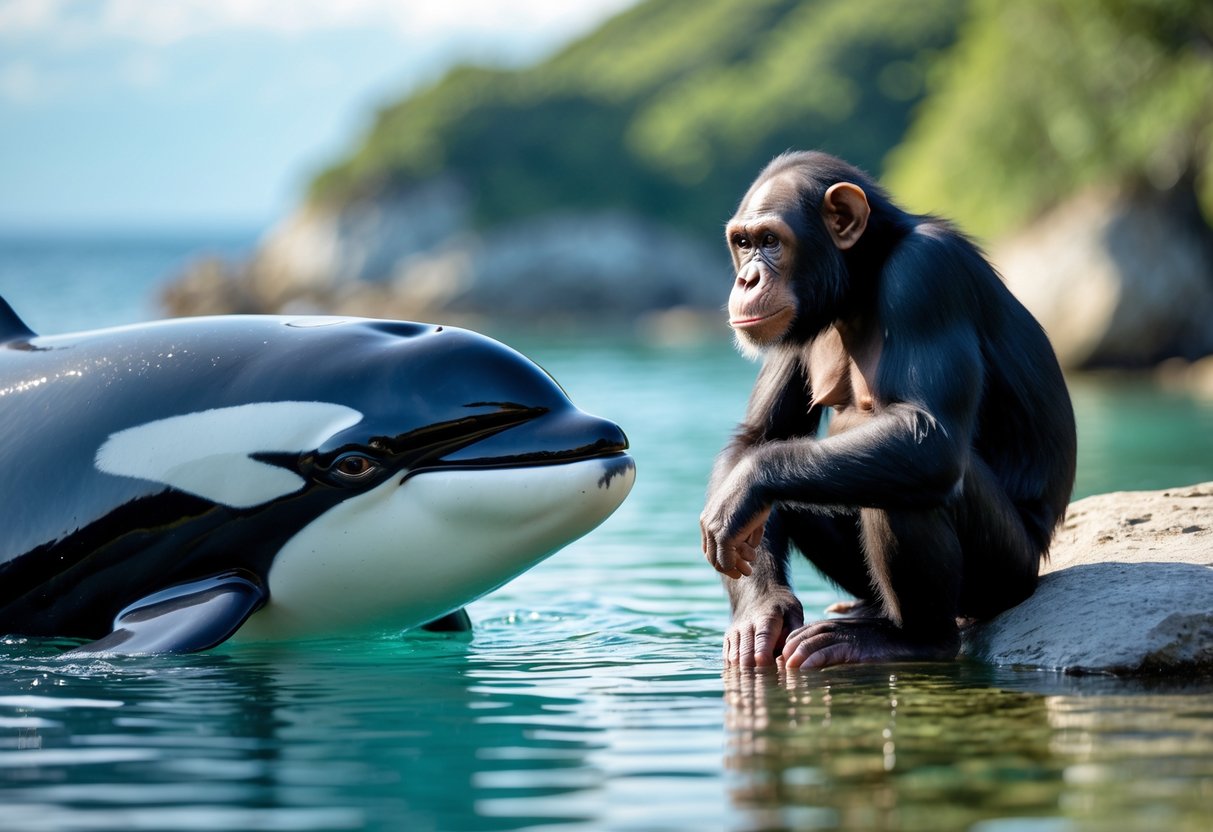 An orca in the ocean facing a chimpanzee sitting on a rock by the water's edge, both appearing attentive and curious.