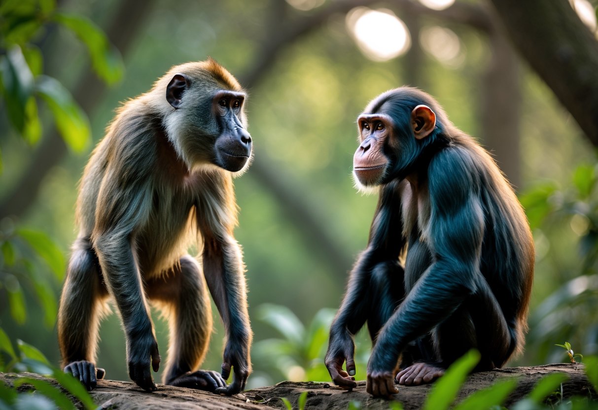 A baboon and a chimpanzee facing each other in a forest clearing surrounded by green foliage.