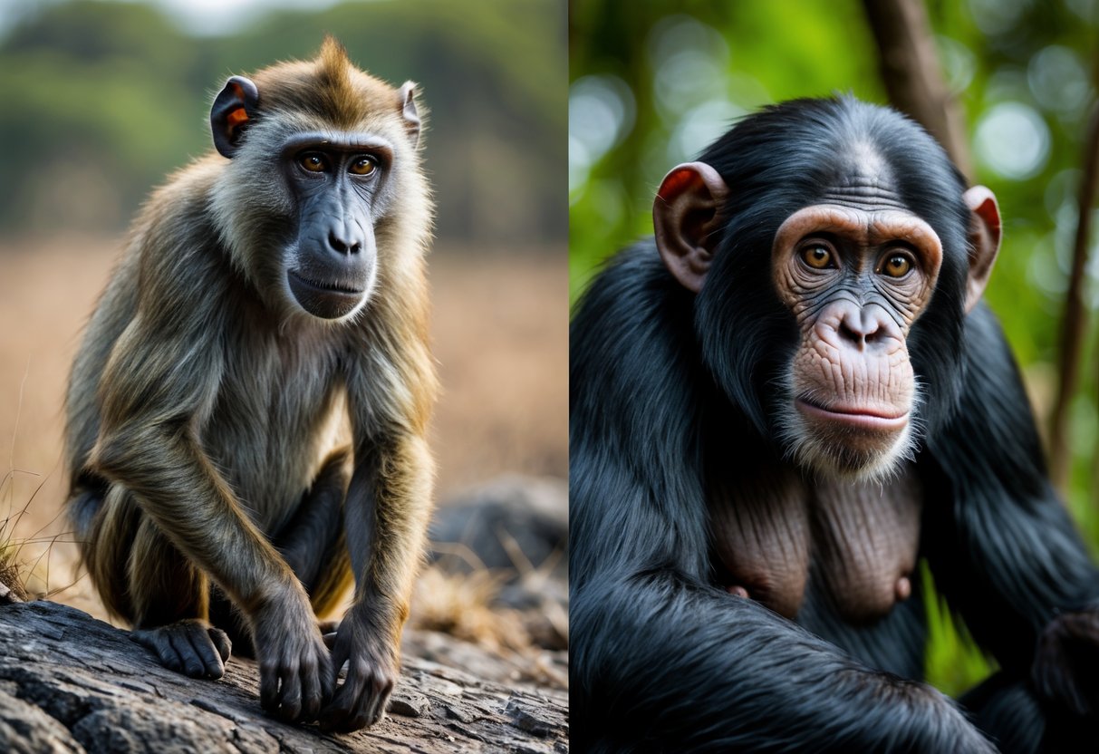 A baboon and a chimpanzee sitting side by side in their natural habitats, showing their distinct features and surroundings.