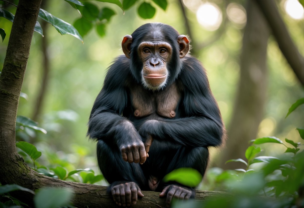 A chimpanzee sitting thoughtfully in a forest, looking directly at the camera.