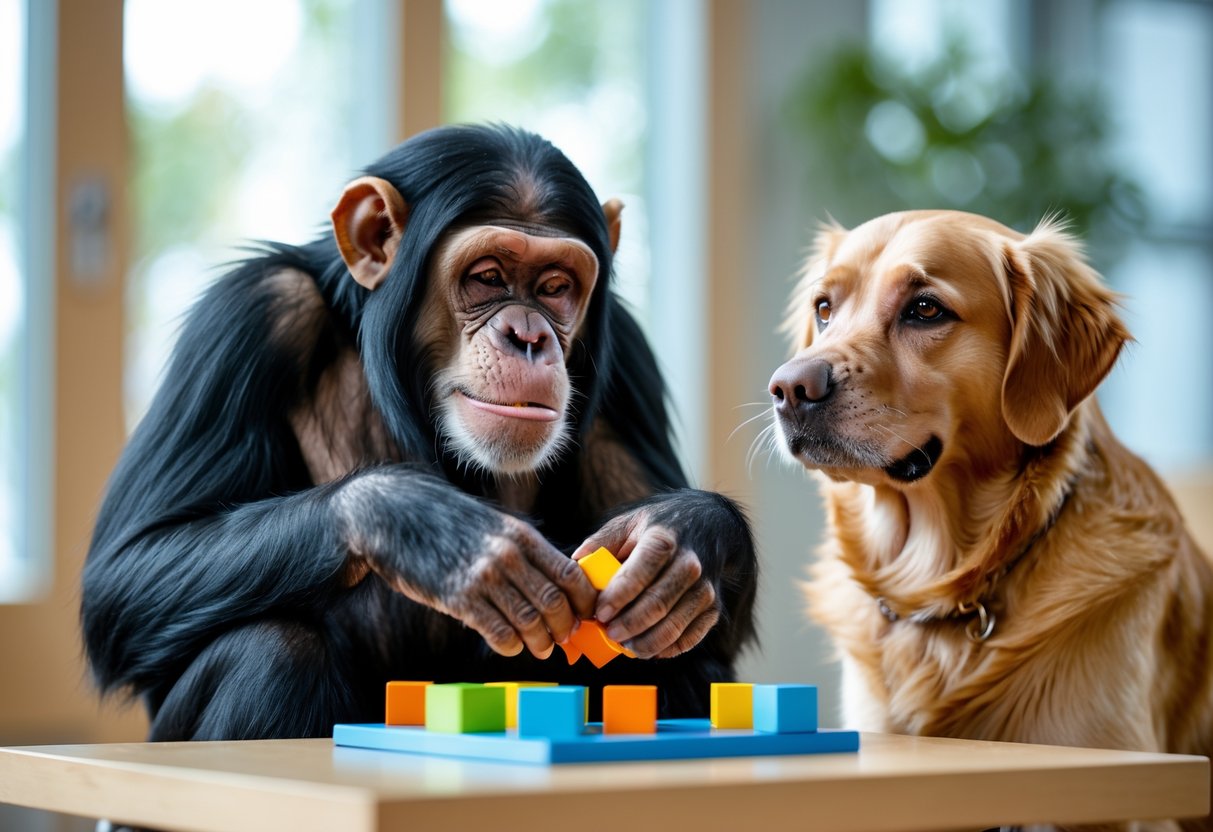A chimpanzee and a golden retriever sitting side by side indoors, with the chimpanzee focused on a puzzle while the dog watches.