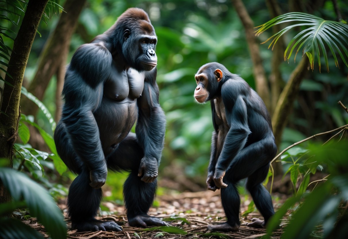 A gorilla and a chimpanzee face each other in a jungle setting, appearing tense and focused.
