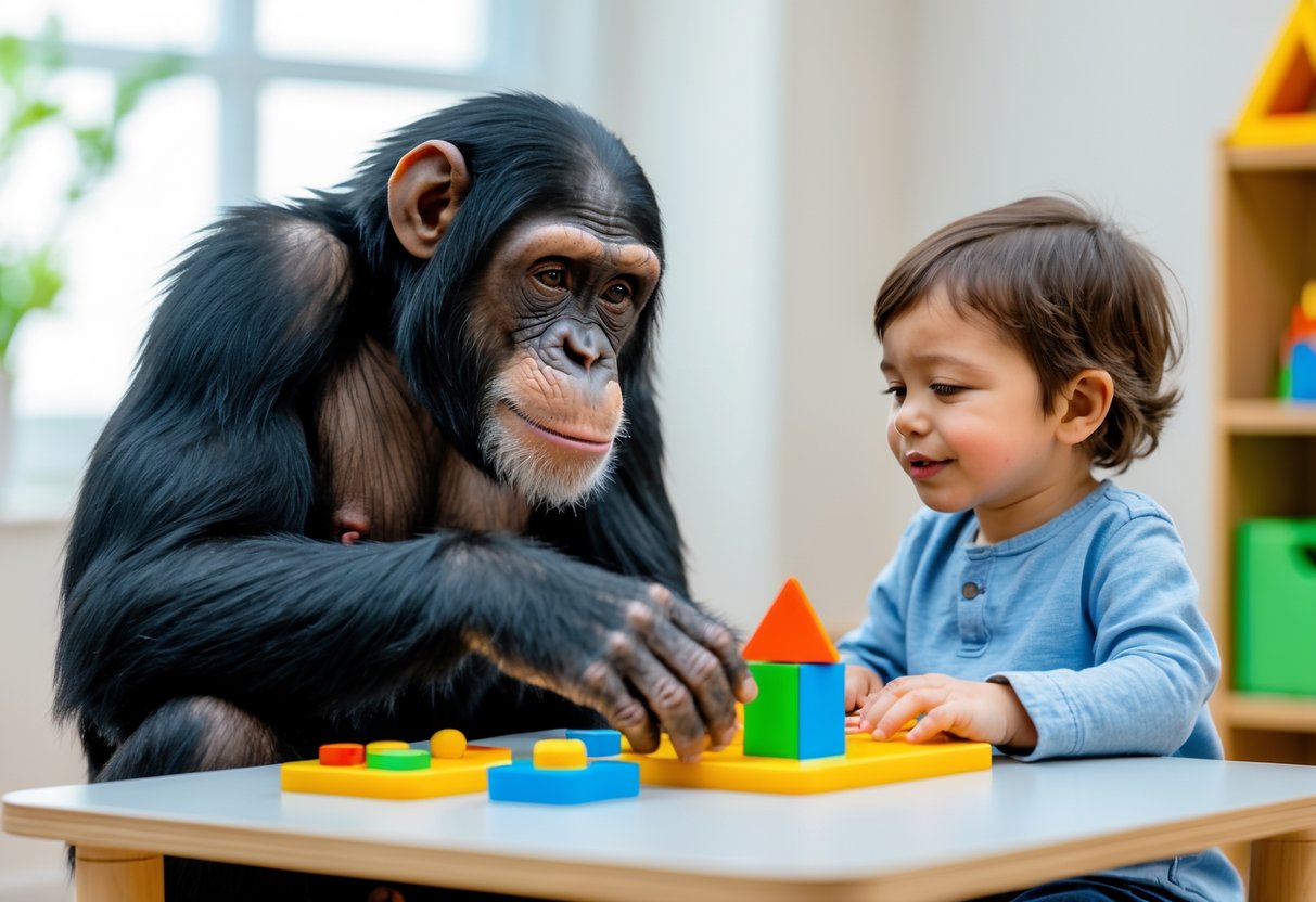 A chimpanzee and a young child sitting at a table playing with educational toys together.
