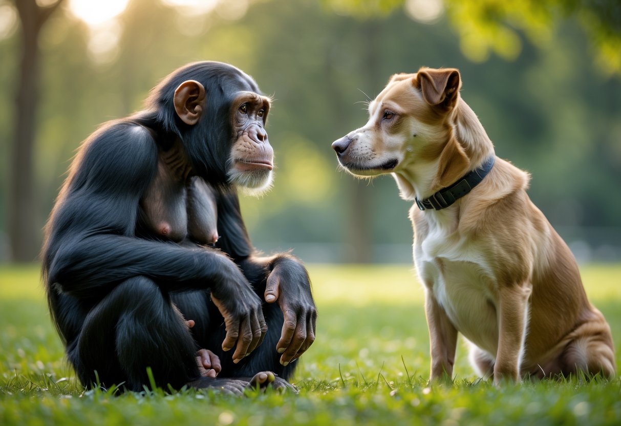 A chimpanzee and a dog facing each other outdoors in a green park.