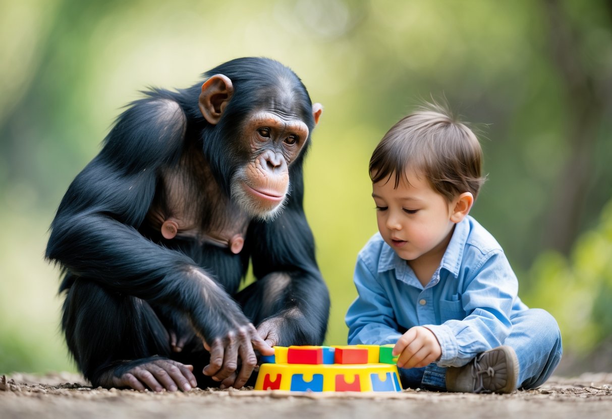 A young chimpanzee and a 5-year-old child sitting together outdoors, both focused on a colorful puzzle toy on the ground.