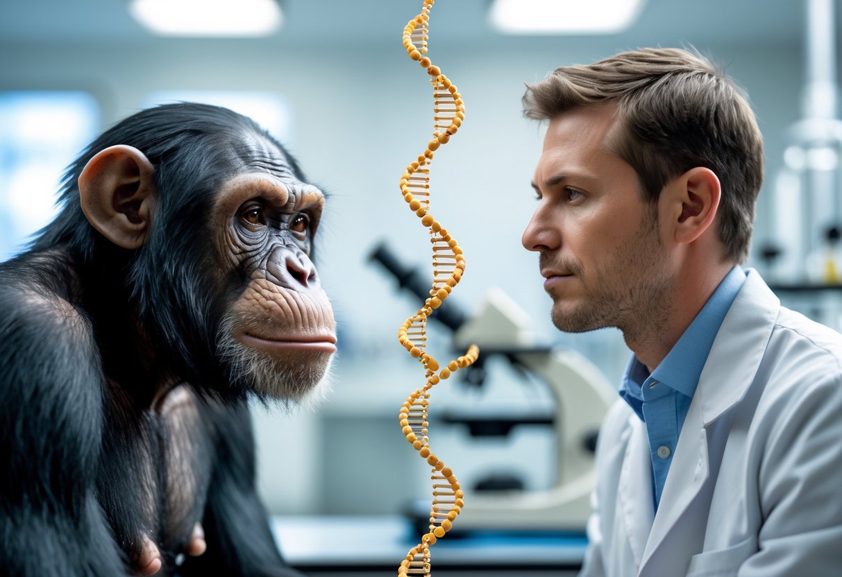 A close-up of a chimpanzee and a human male facing each other with a DNA strand between them in a laboratory setting.