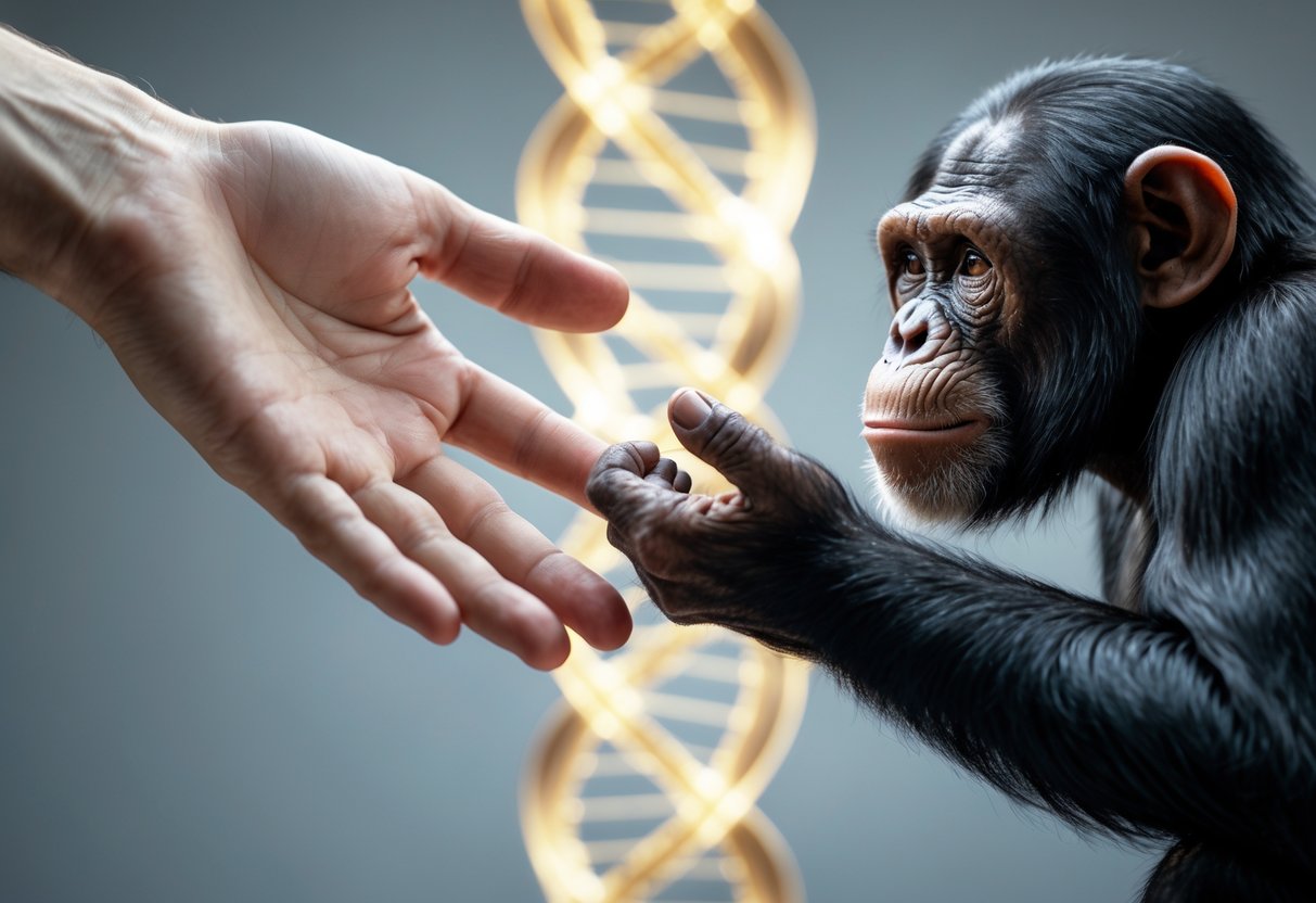 A human hand and a chimpanzee hand reaching toward each other but separated by a transparent barrier with a faint DNA strand in the background.