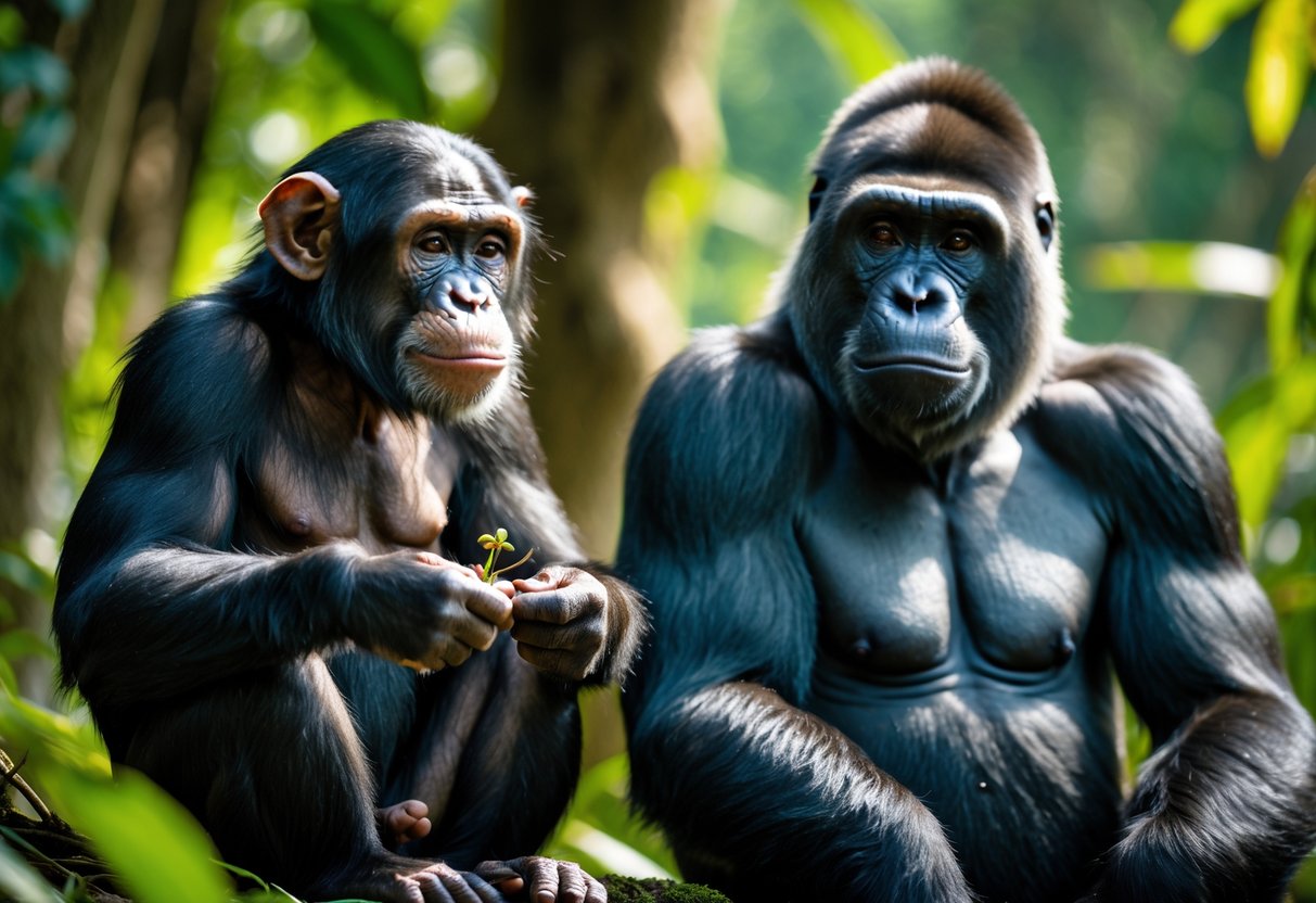 A chimpanzee and a gorilla sitting side by side in a jungle, with the chimpanzee examining an object and the gorilla looking calm.