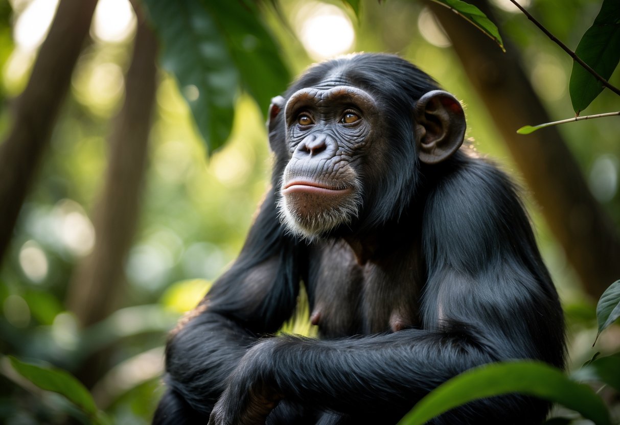 A chimpanzee sitting in a jungle looking thoughtfully upward.