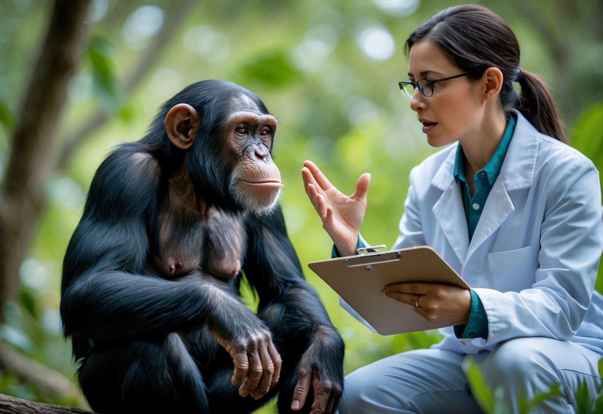 A chimpanzee and a human scientist interacting in a natural setting, with the scientist explaining something to the chimpanzee.