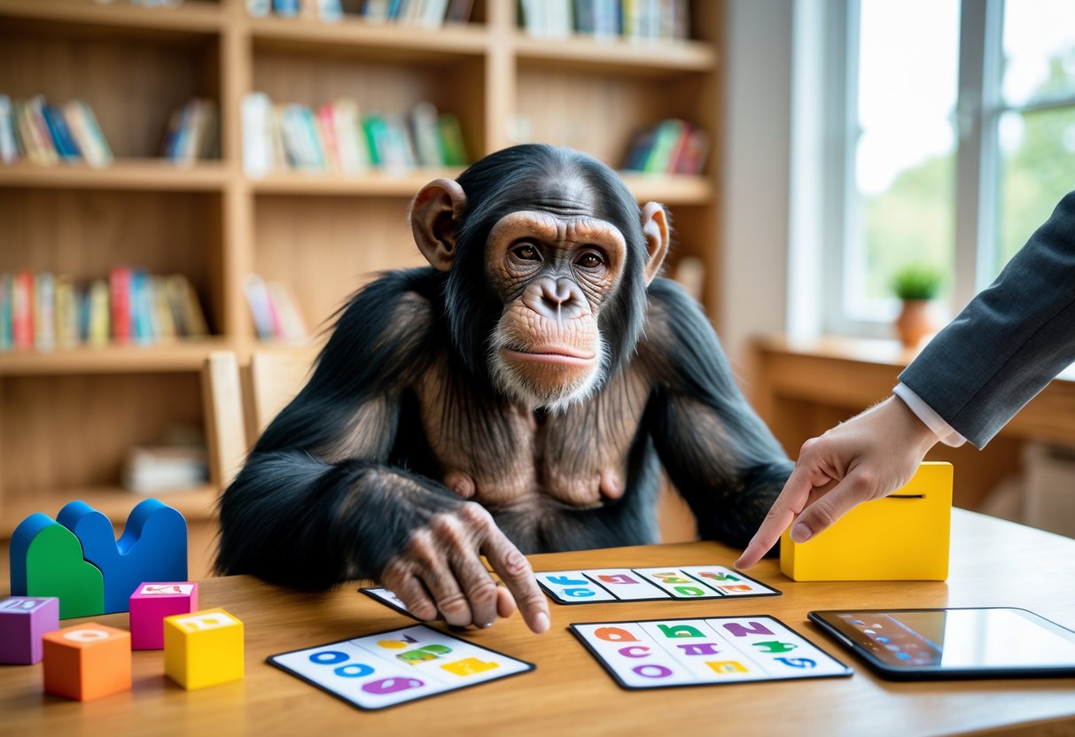 A chimpanzee sitting at a desk looking at flashcards and a notebook while a human hand points at the cards in a bright study room.