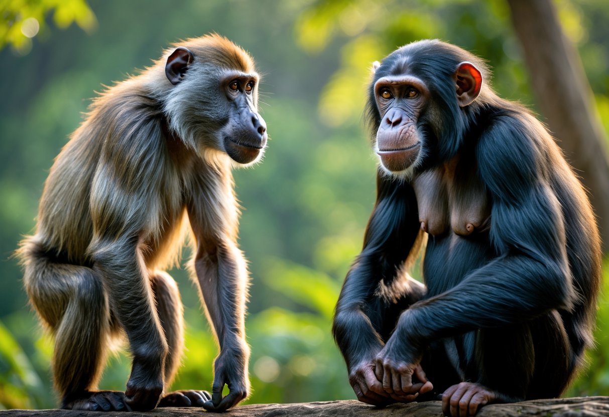 A baboon and a chimpanzee facing each other in a green forest setting.