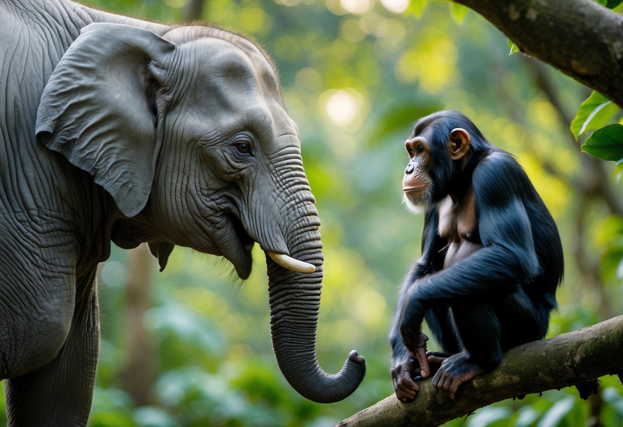 An elephant and a chimpanzee facing each other in a green forest, appearing curious and attentive.