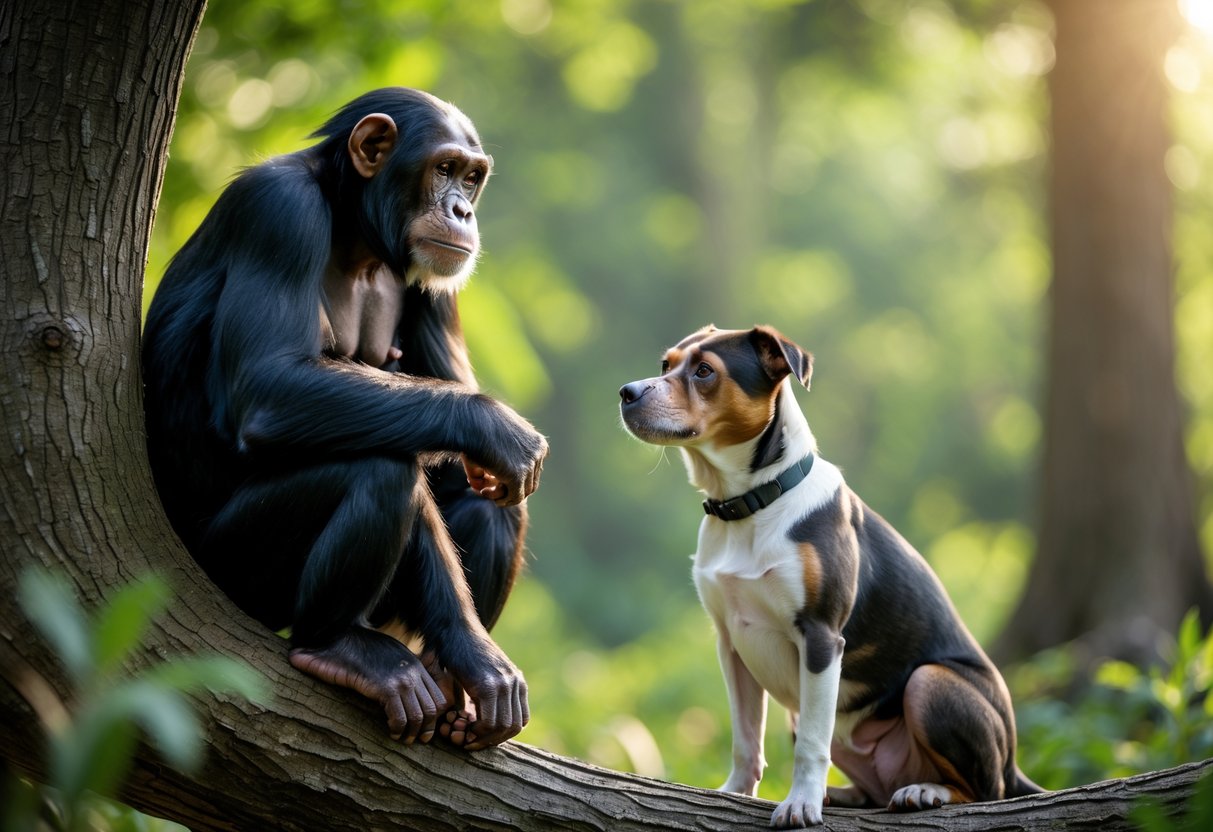 A chimpanzee sitting on a tree branch looking at a dog sitting on the ground in a forest.