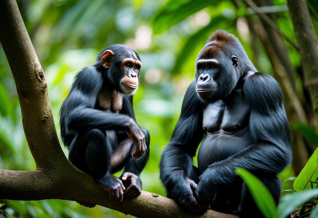 A chimpanzee sitting on a tree branch and a gorilla seated on the ground facing each other in a jungle setting.
