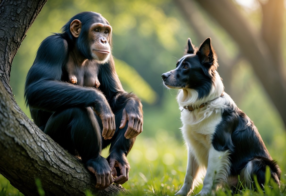 A chimpanzee sitting on a tree branch looking at an attentive dog sitting on the grass in a natural outdoor setting.