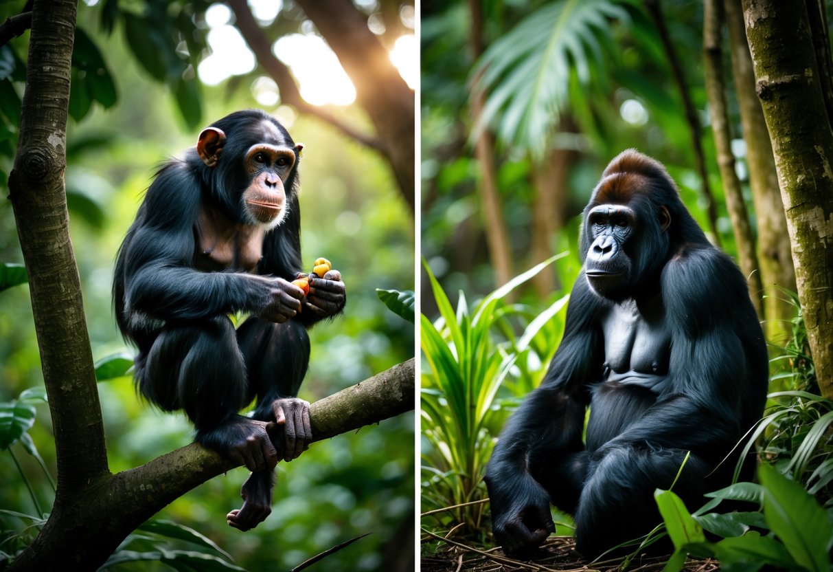 A chimpanzee sitting in a tree and a gorilla sitting on the forest floor in a lush jungle habitat.