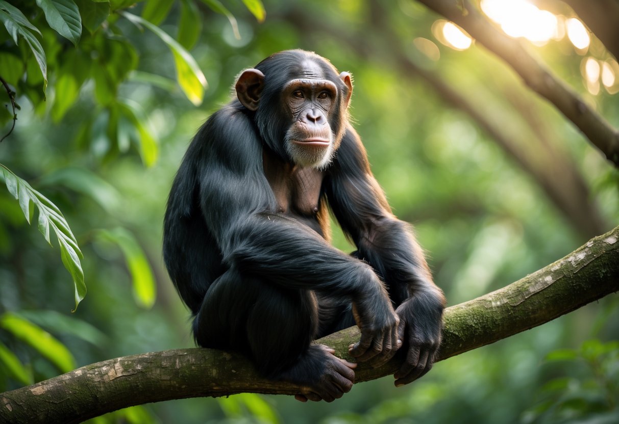 A mature chimpanzee sitting on a tree branch in a green forest with sunlight filtering through the leaves.