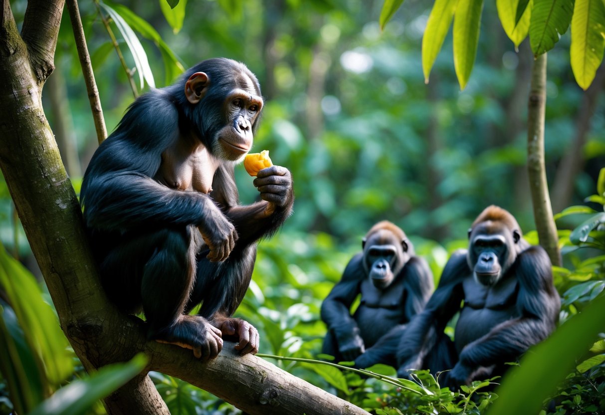 A chimpanzee eating fruit on a tree branch with gorillas resting on the forest floor in a lush jungle.