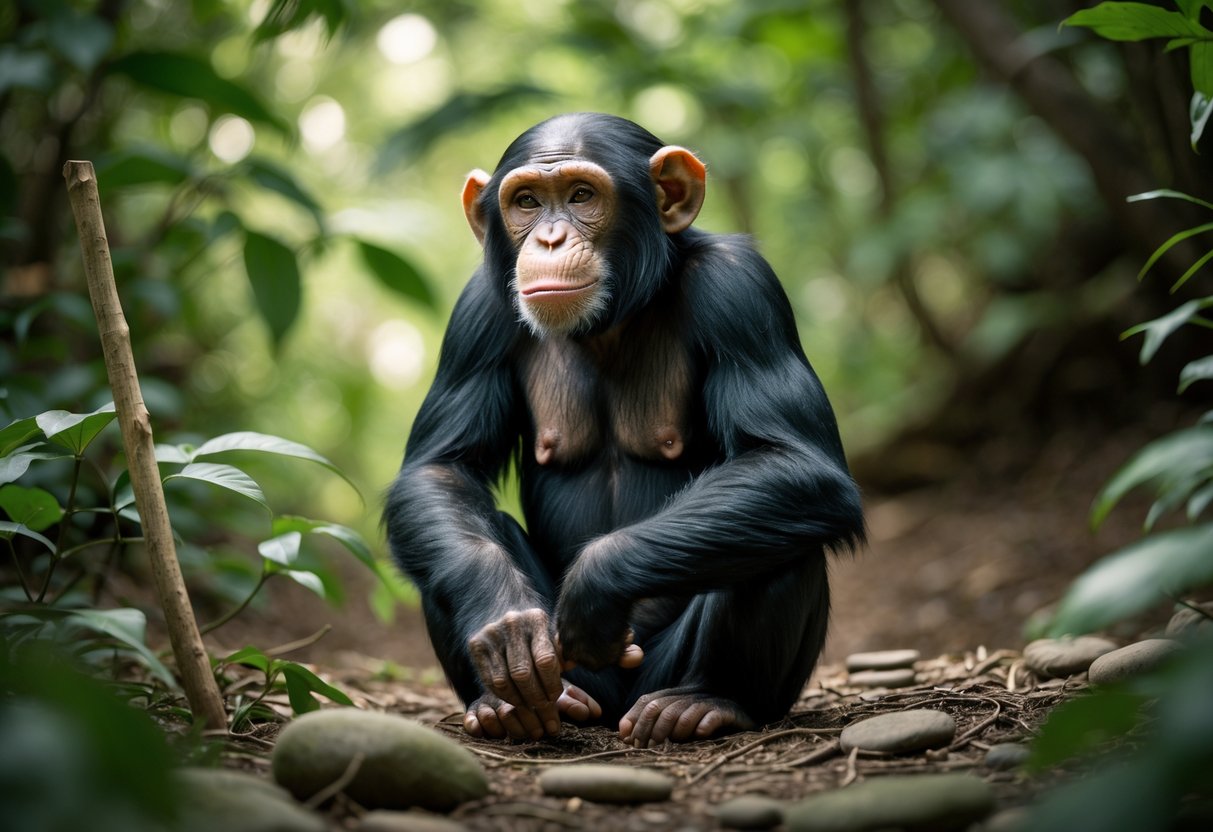 A chimpanzee sitting in a forest, looking thoughtful with a wooden stick and stones nearby.