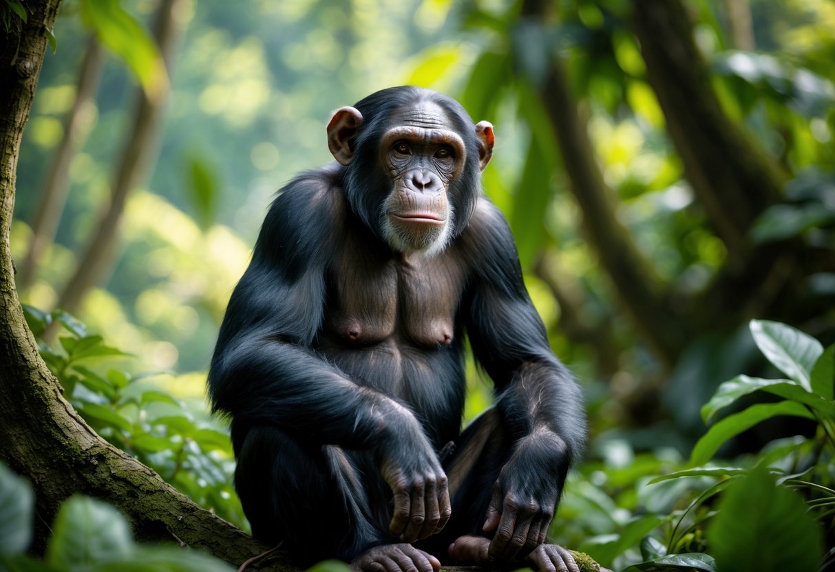 A mature chimpanzee sitting calmly in a green forest surrounded by trees and plants.