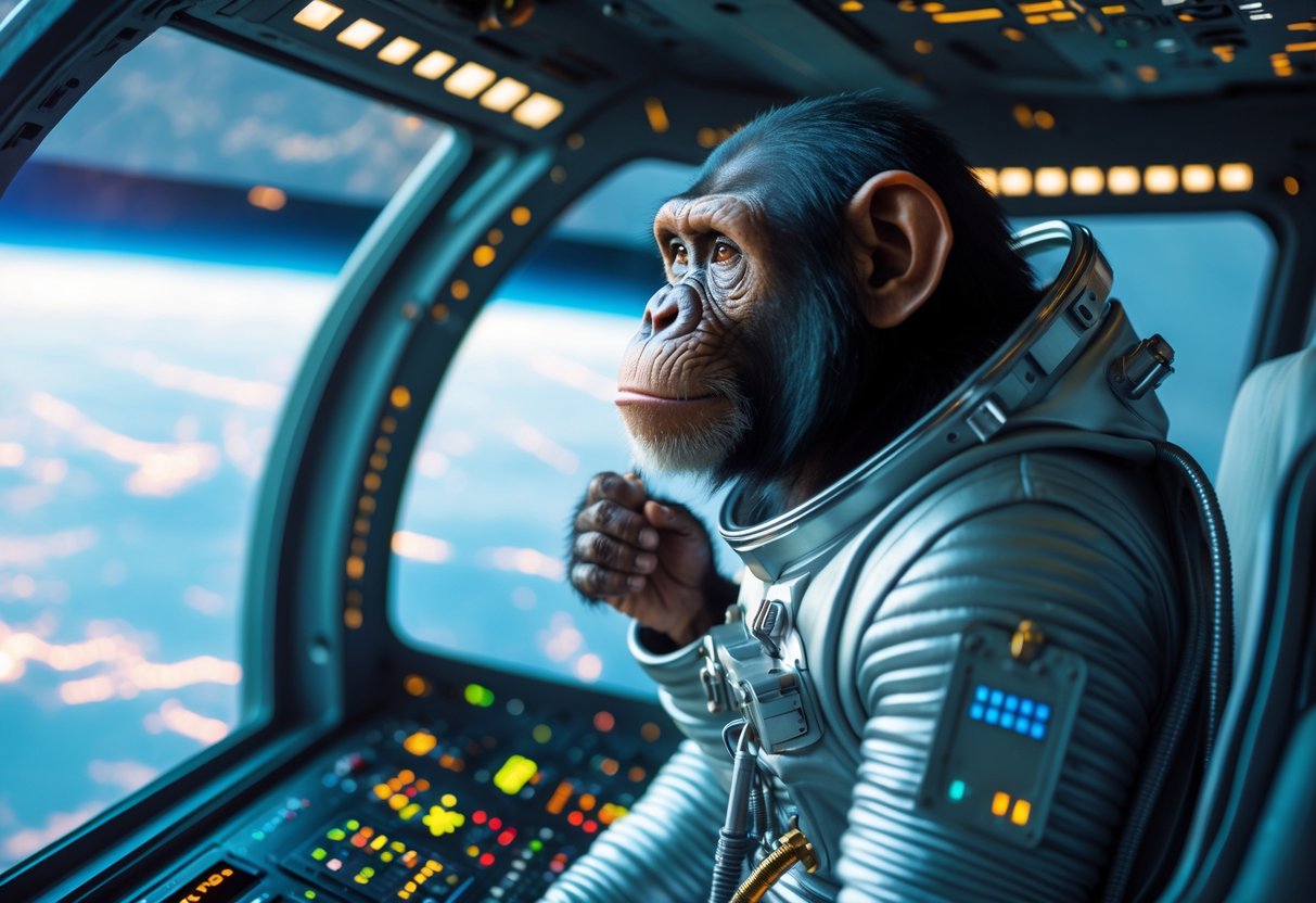 A chimpanzee wearing an astronaut suit inside a spacecraft cockpit looking out a window at Earth.