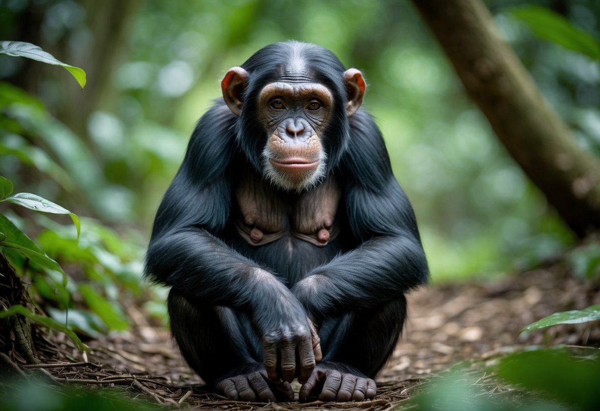 A chimpanzee sitting calmly on a forest floor surrounded by green plants, looking thoughtfully ahead.