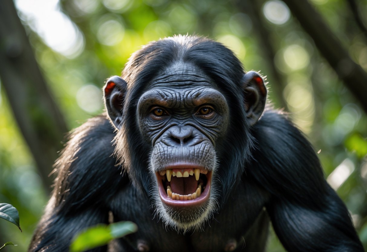 Close-up of an aggressive chimpanzee showing its teeth in a forest setting.