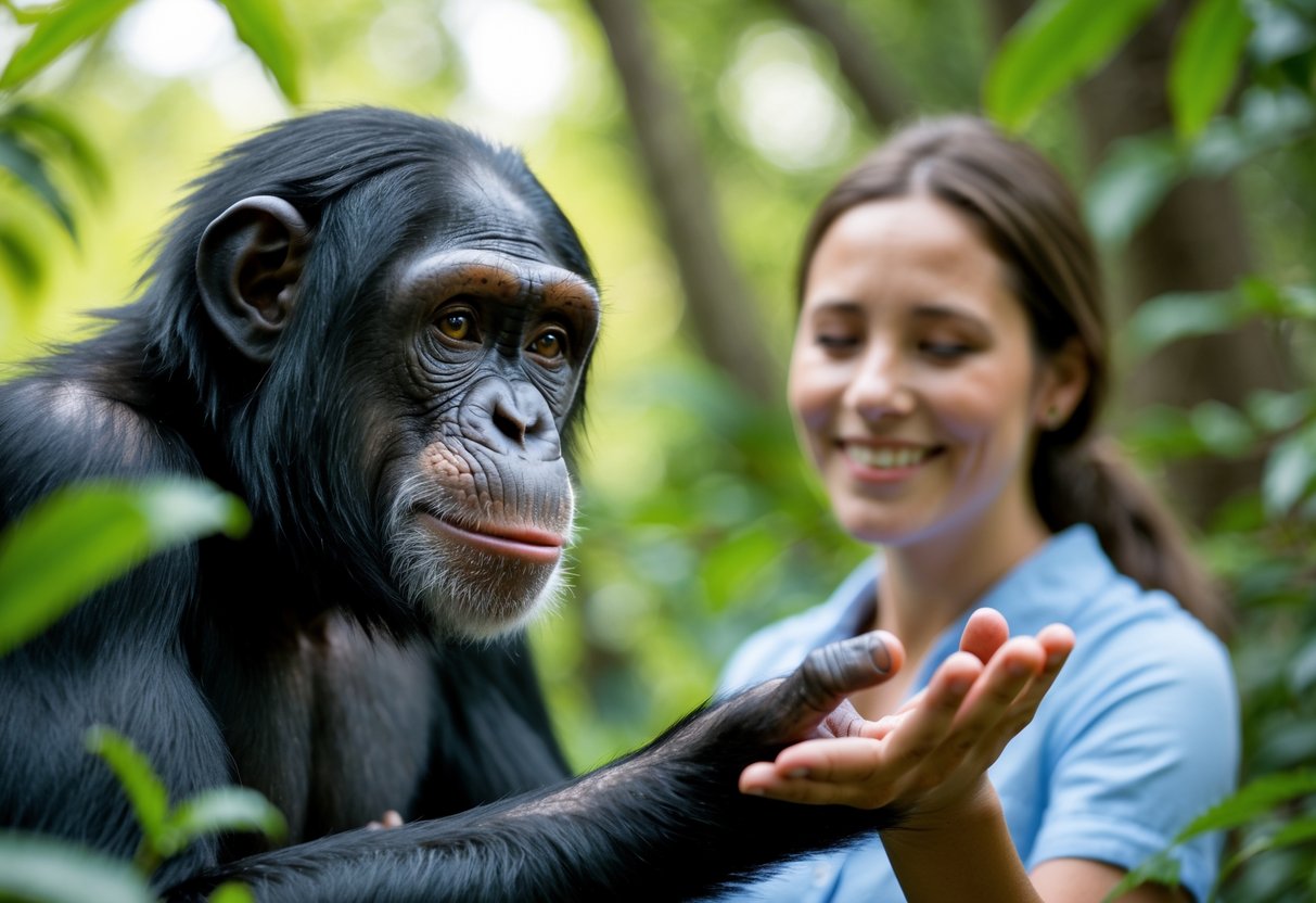 A chimpanzee and a human reaching out to each other with gentle expressions in a green outdoor setting.