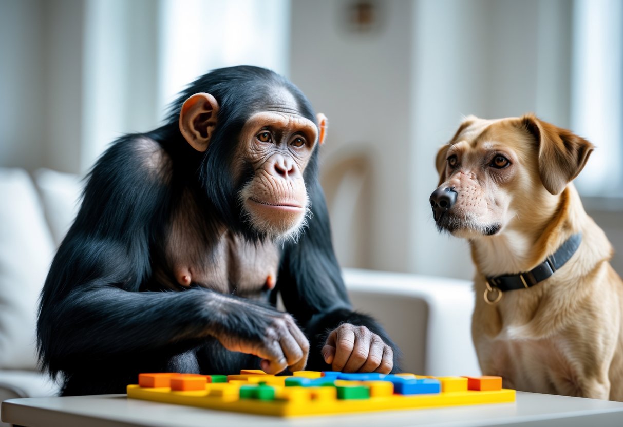 A chimpanzee and a dog sitting side by side, both focused on a puzzle on a table in a bright indoor setting.