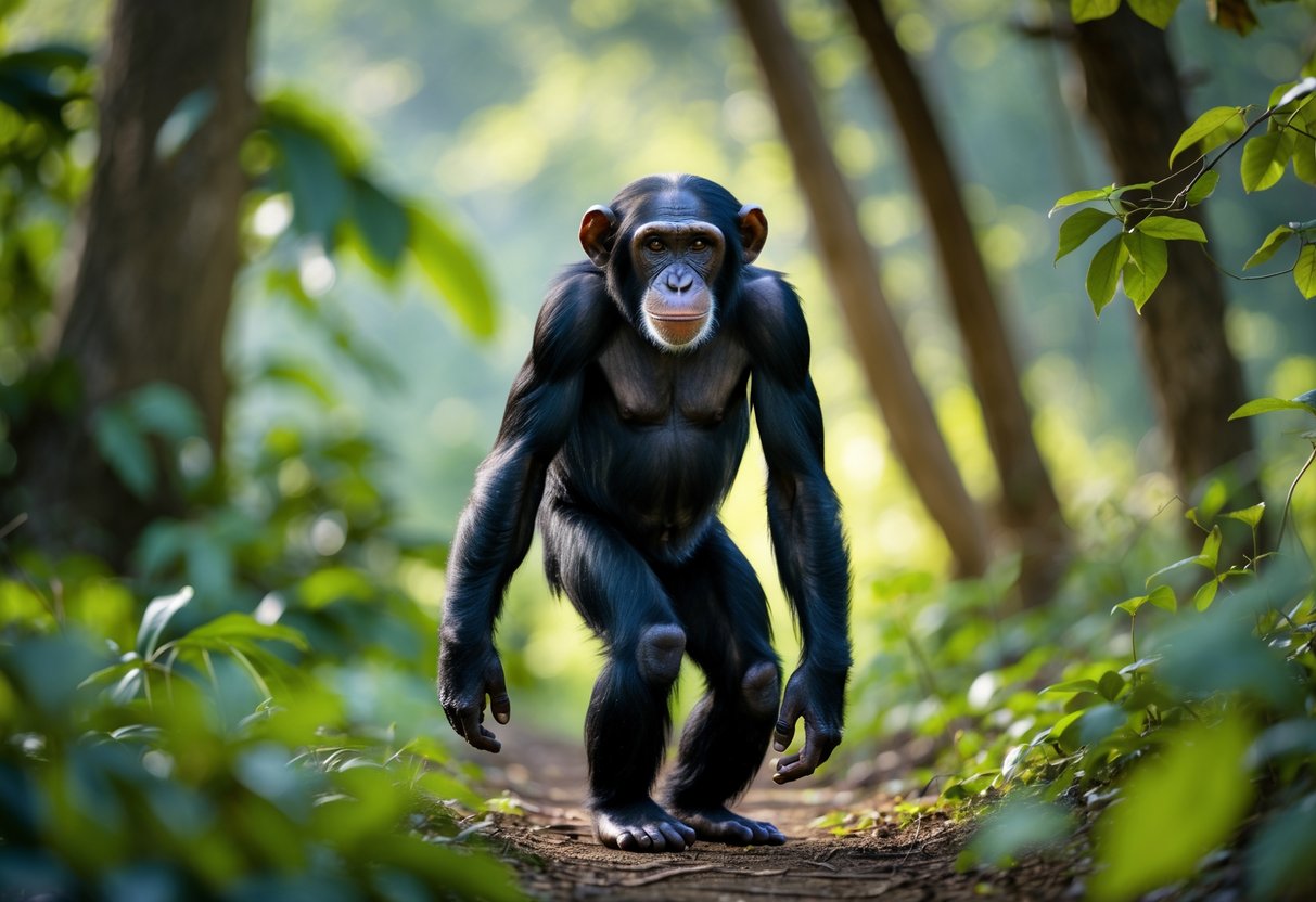 A chimpanzee walking upright on two legs in a forest setting.