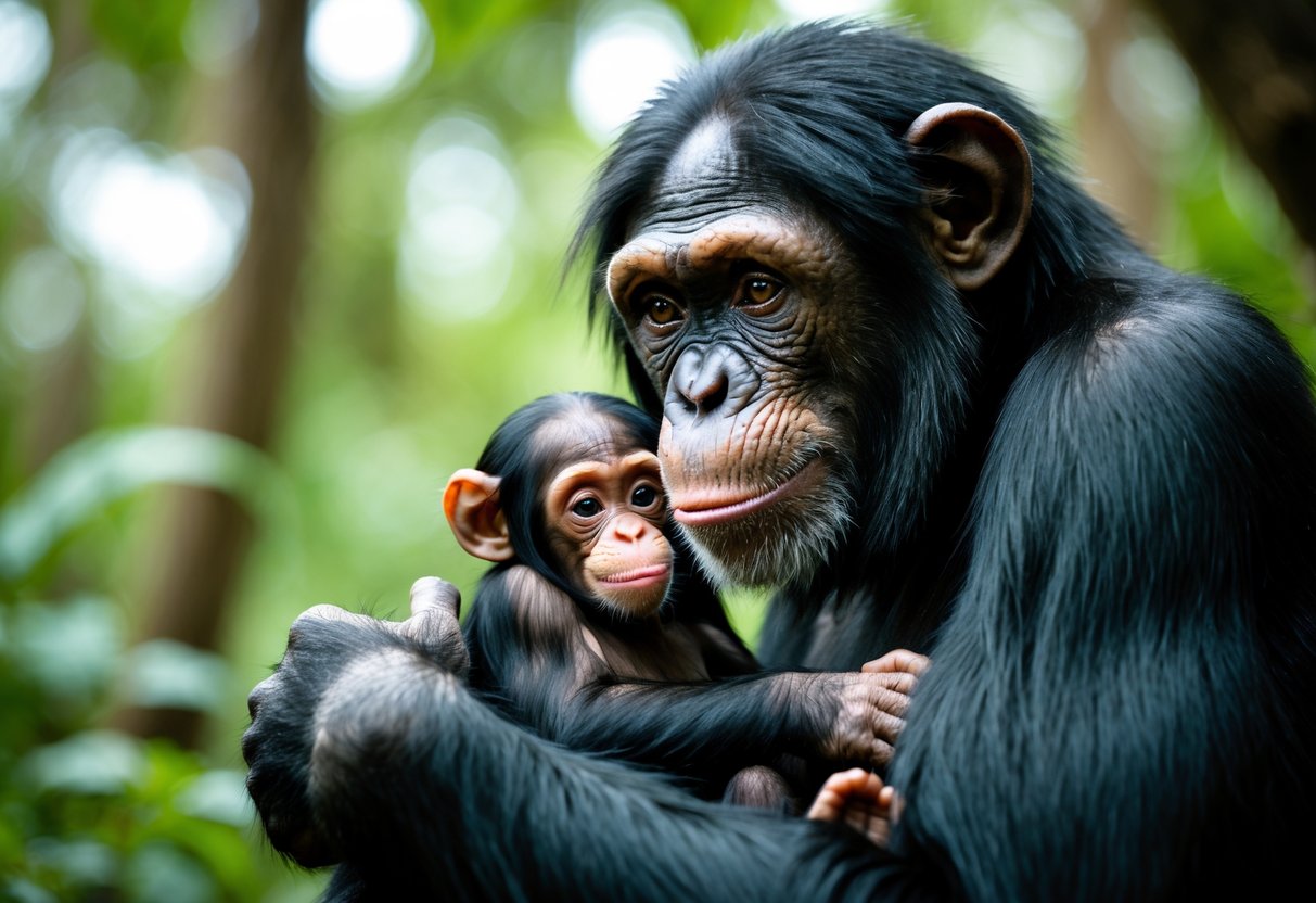 A chimpanzee mother gently holding her newborn baby chimpanzee in a forest.