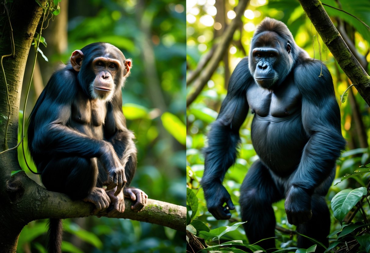 A chimpanzee sitting on a tree branch and a gorilla standing on the forest floor in a dense jungle.