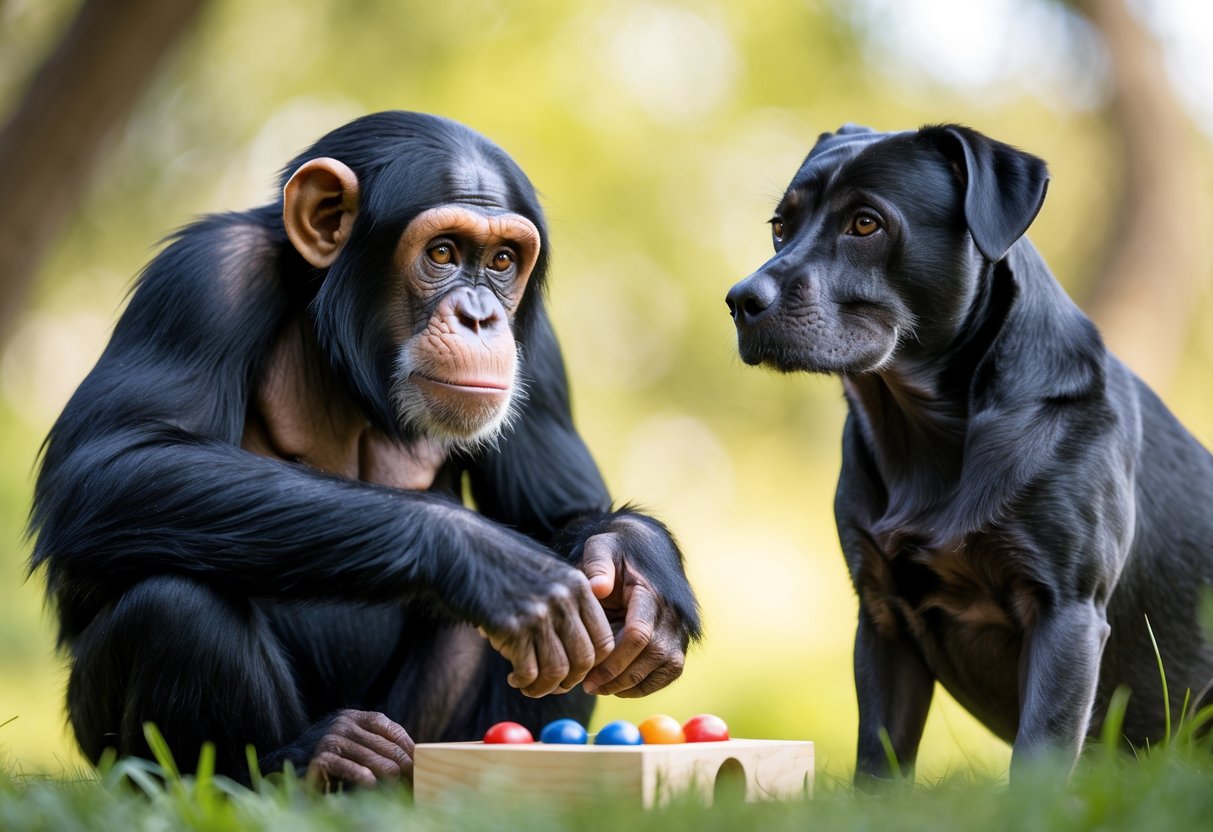 A chimpanzee and a dog sitting outdoors, both looking attentively at a puzzle toy between them.