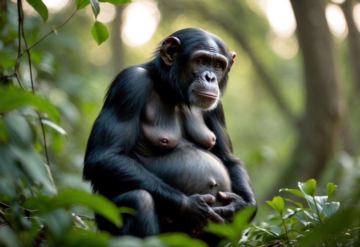 A female chimpanzee in a forest gently holding her rounded belly.