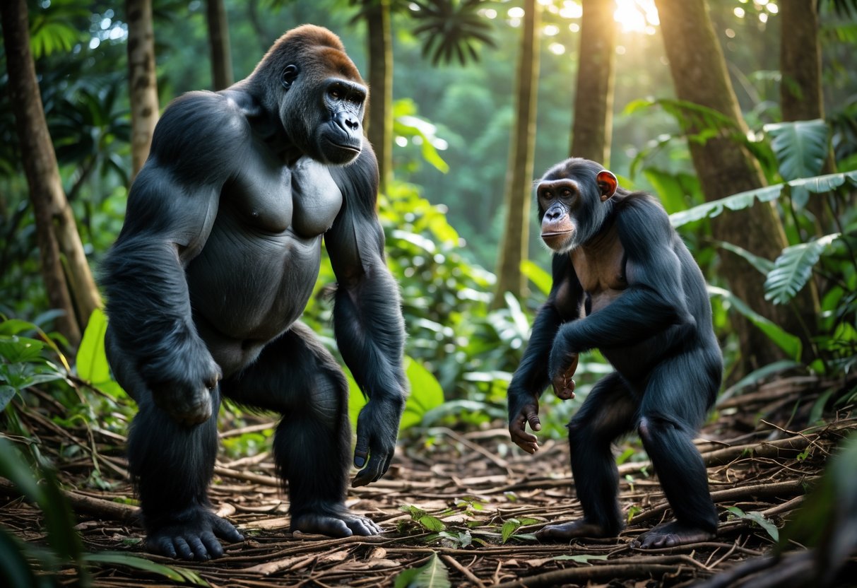 A gorilla and a chimpanzee face each other in a forest clearing surrounded by trees and green foliage.
