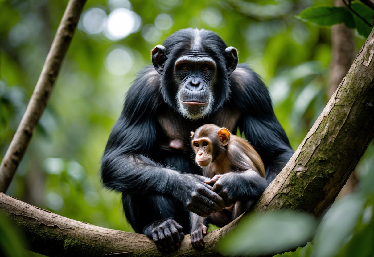 A chimpanzee in a forest holding a small monkey in its hands.
