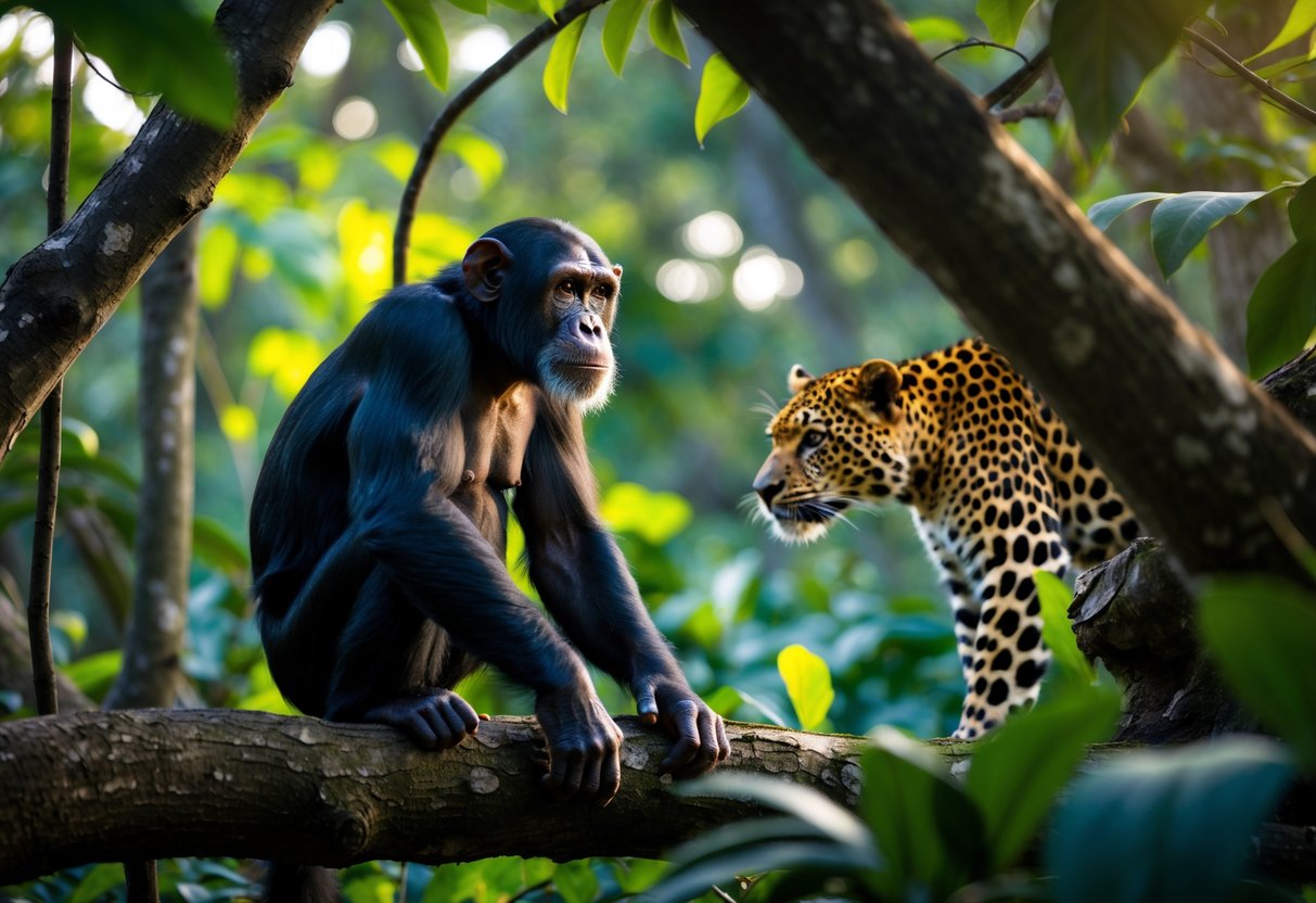A chimpanzee perched on a tree branch looking alert as a leopard approaches stealthily in the forest background.
