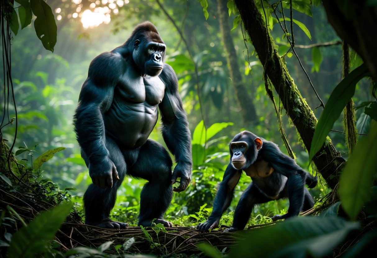 A gorilla and a chimpanzee facing each other in a dense jungle, surrounded by green foliage and sunlight.