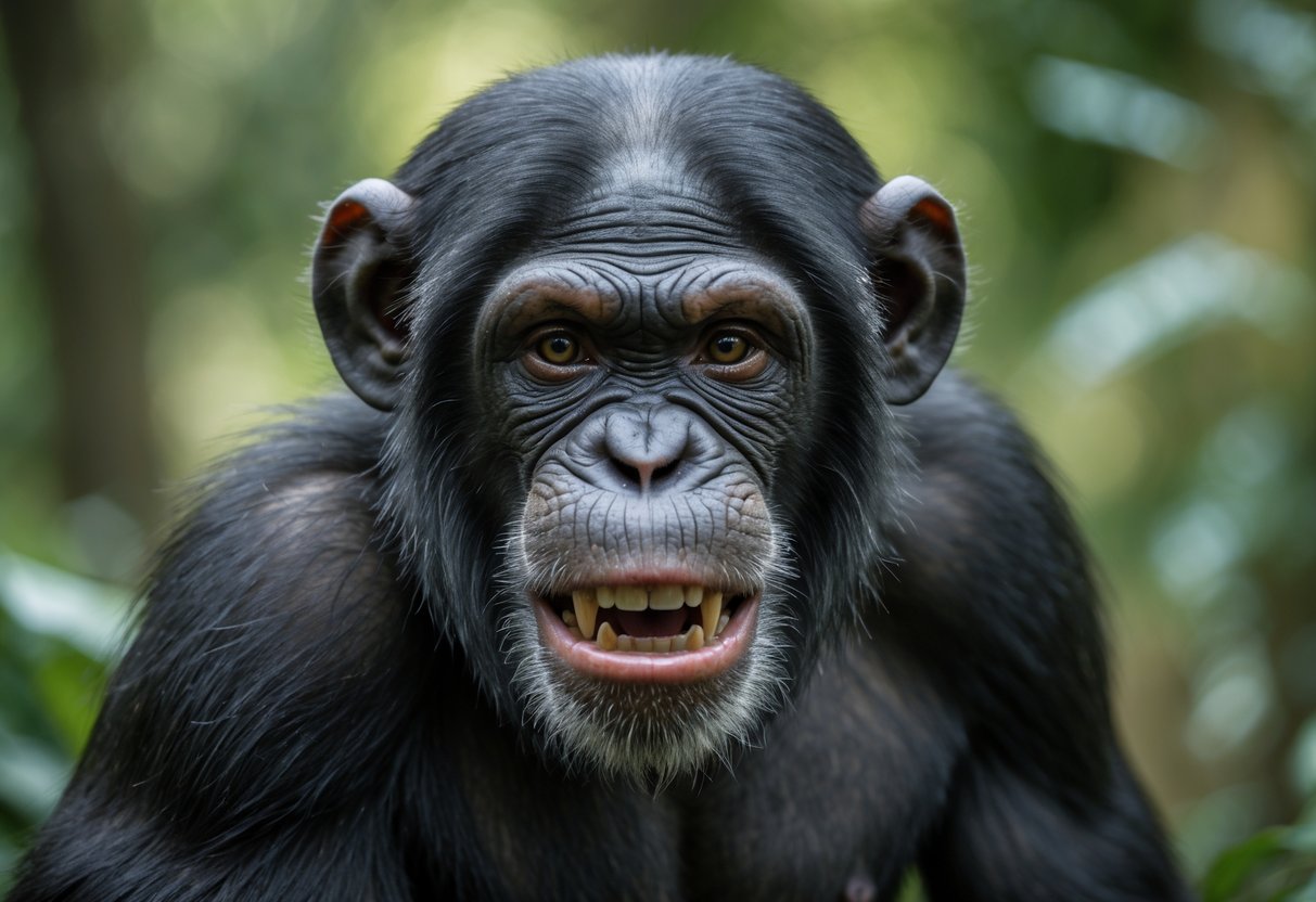 Close-up of a chimpanzee showing an intense expression in a forest setting.