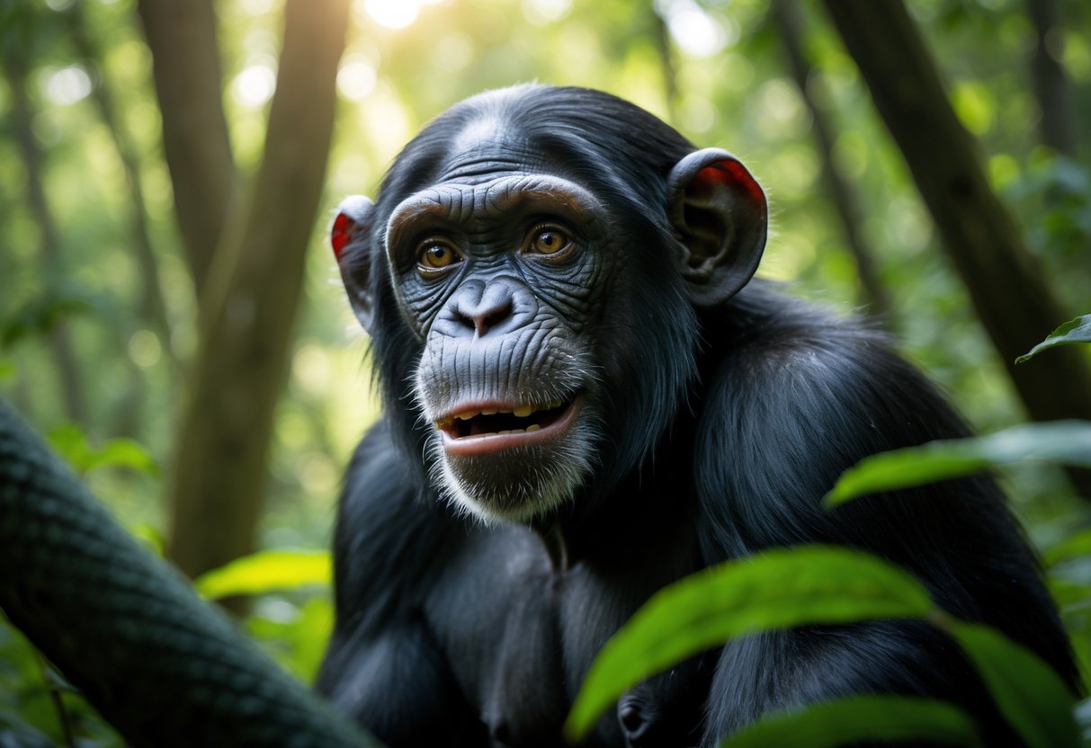 A chimpanzee in a forest looking scared and alert, glancing towards a shadowy figure nearby.