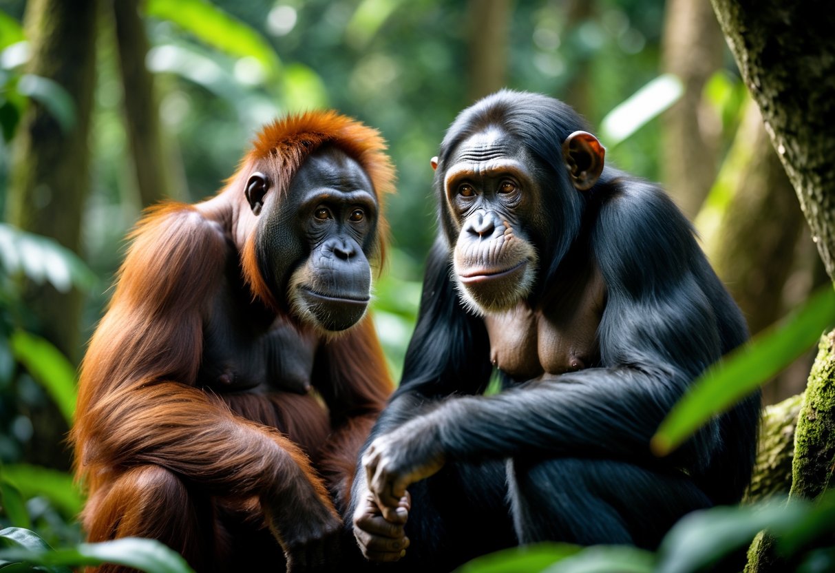 An orangutan and a chimpanzee sitting close together in a green jungle, looking at each other thoughtfully.