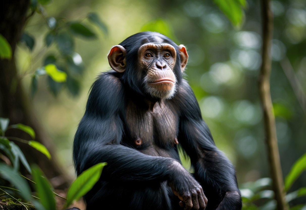 A chimpanzee sitting in a forest with a thoughtful expression.