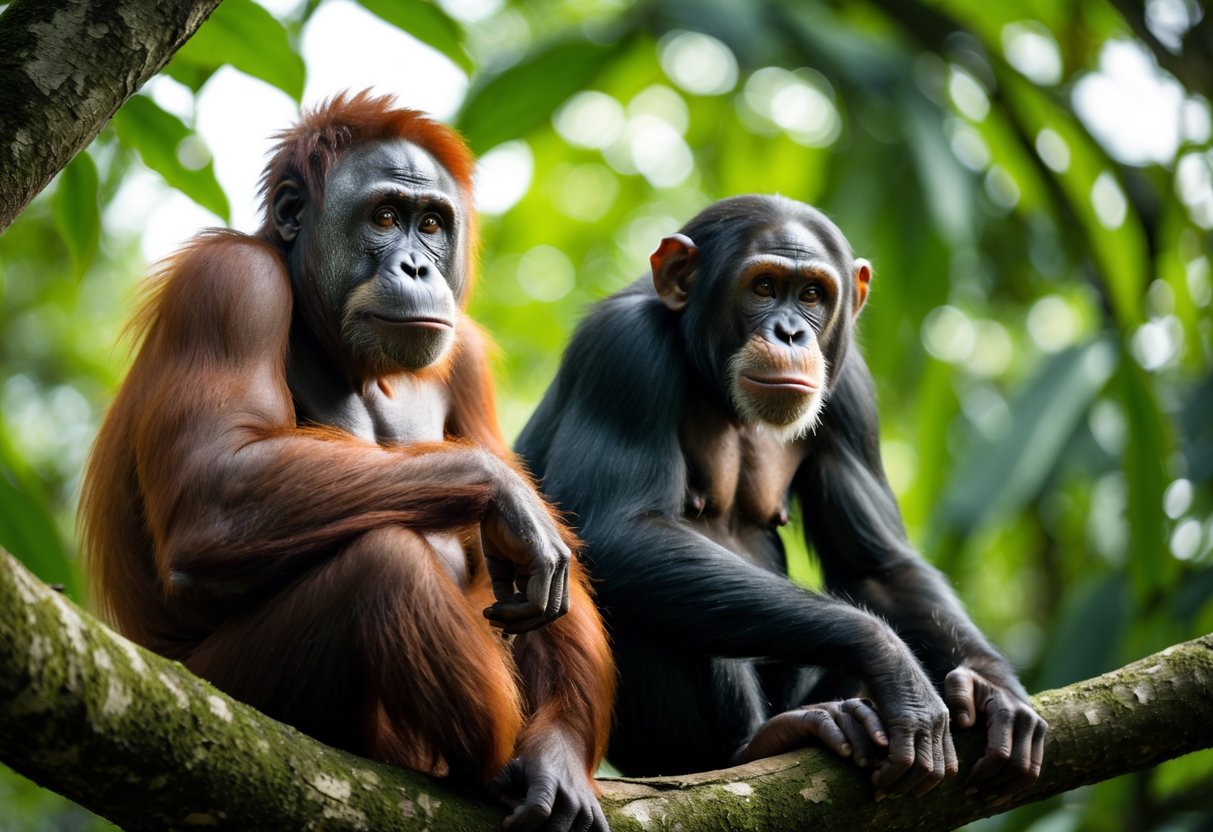 An orangutan and a chimpanzee sitting on tree branches in a forest, showing different expressions and postures.