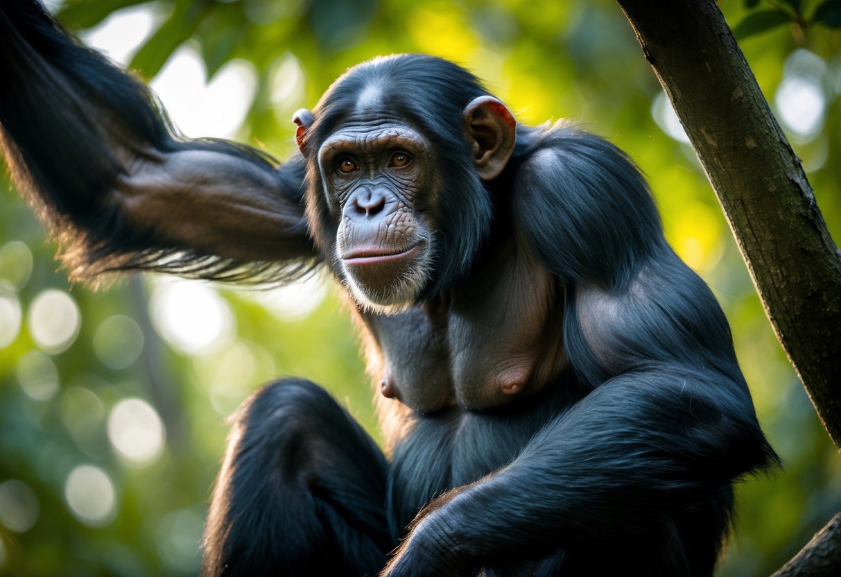Close-up of a chimpanzee sitting on a tree branch in a forest, looking alert and strong.
