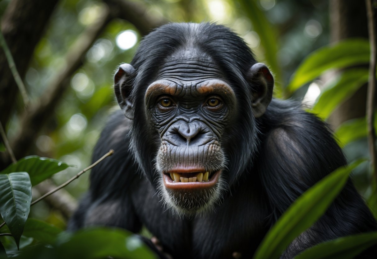 Close-up of a male chimpanzee with an intense expression in a green forest setting.