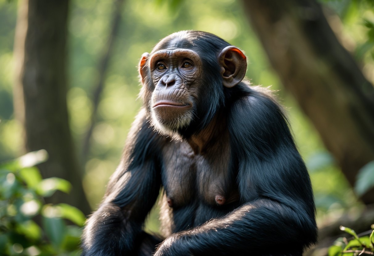 A chimpanzee sitting in a forest, looking upwards with a curious expression.